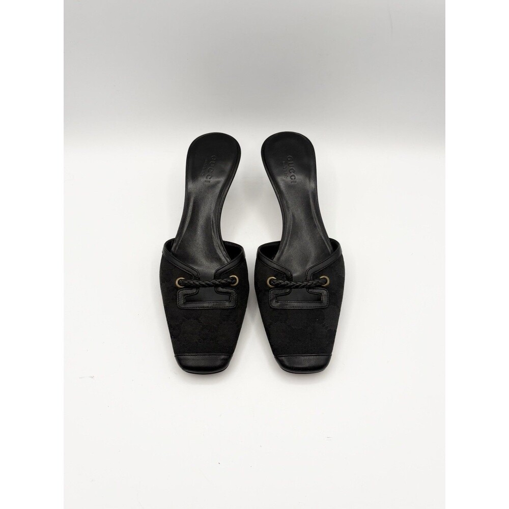 Gucci Black Canvas GG Monogram Kitten Heels Braid Accent Size EU 35.5